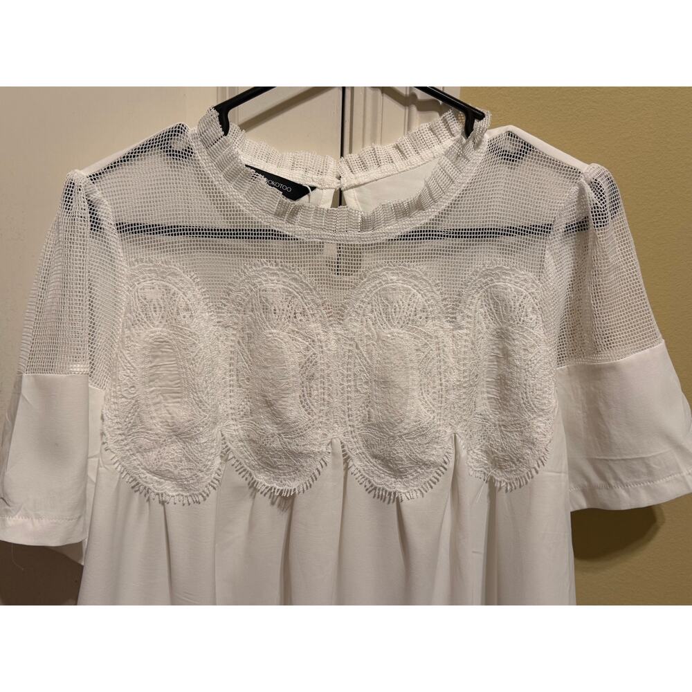 Dokotoo Women's White Lace Mesh Blouse Ruffle Neck Boho Top NWT L - Picture 3 of 9